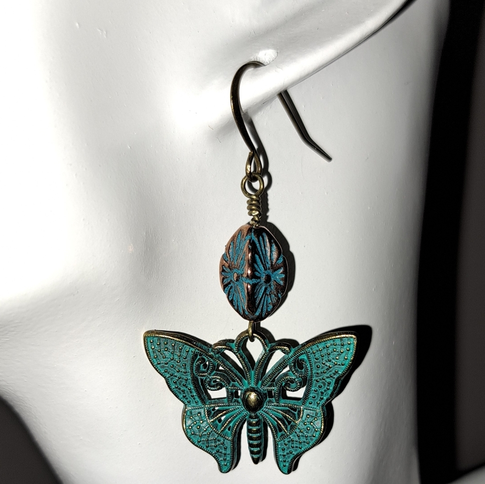 Handmade Boho Green Patina Bronze Butterfly Dangle Earrings
